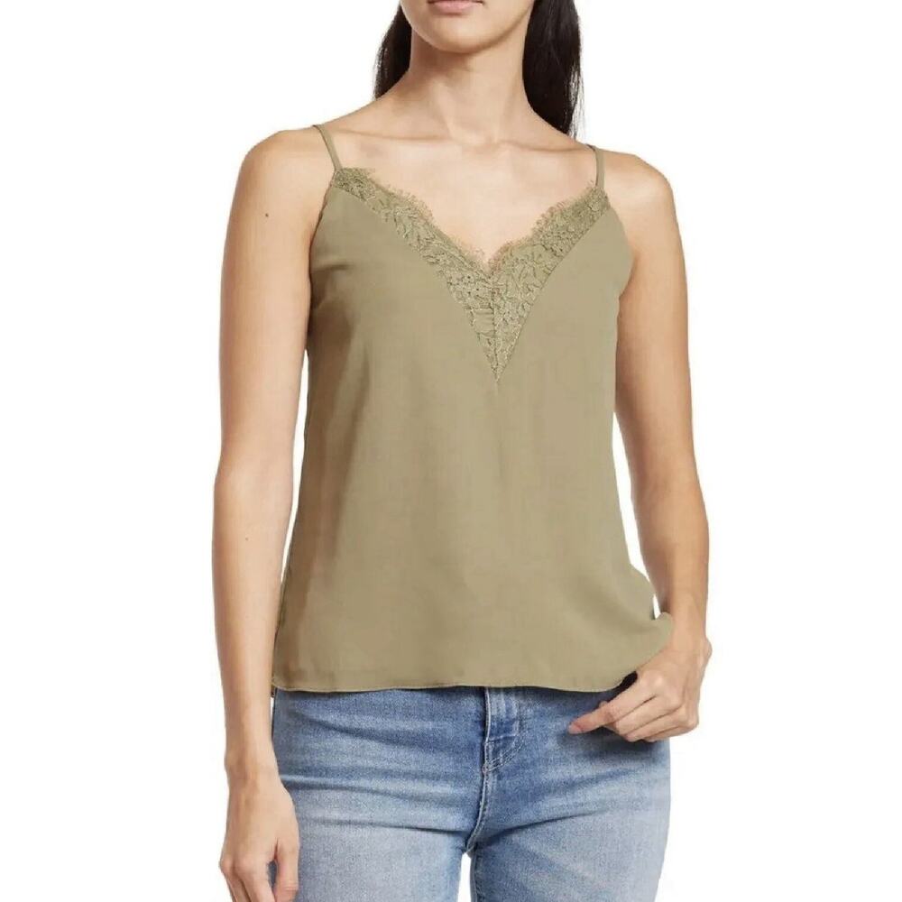 Melrose and Market Olive Green V Neck Lace Trim Cami Tank Top Sz. M